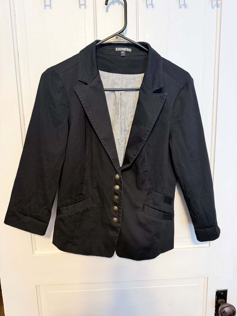 Express Y2K Black Shrunken Cotton Blazer 3/4 Sleeve 5 Button Size 6